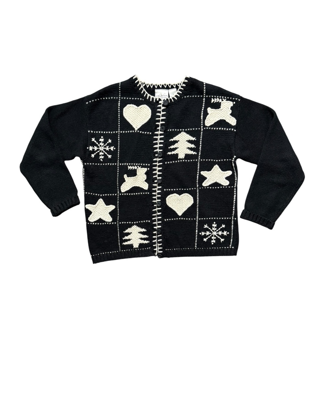 Villager Petite Vintage Christmas Cardigan Reindeer Snowflake Black Cream S - Picture 2 of 10